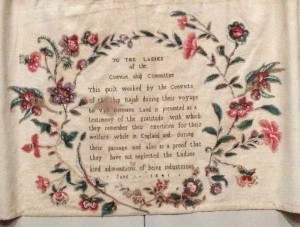 This quilt was made by convict women who were being transported on the Rajah in 1841
