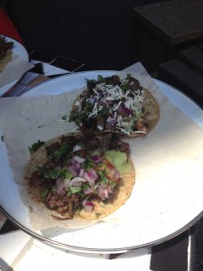 Char-grilled steak with caramelized onion & Hongos (mushroom) Tacos